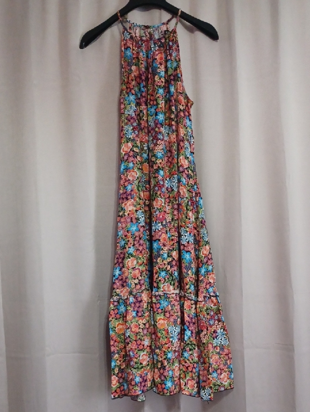 New York & Co Rayon Floral Halter Midi Dress Pockets Ruffle Hem Eyelet Back